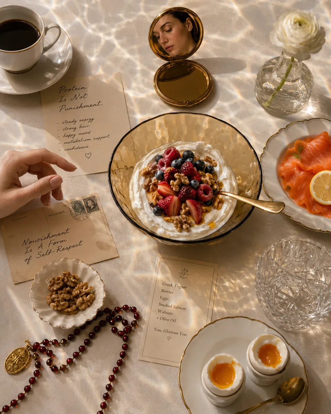 Luxury breakfast flatlay with Greek yogurt, berries, eggs, salmon, walnuts, coffee, and handwritten notes about protein as nourishment rather than punishment