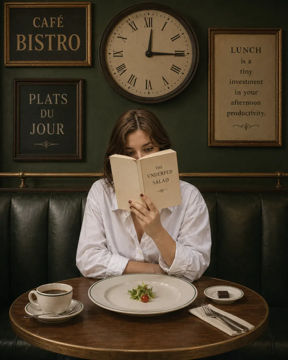 Cafe bistro lunch table with protein plate and clock, quiet reminder that lunch should support afternoon energy | Becoming Elysian