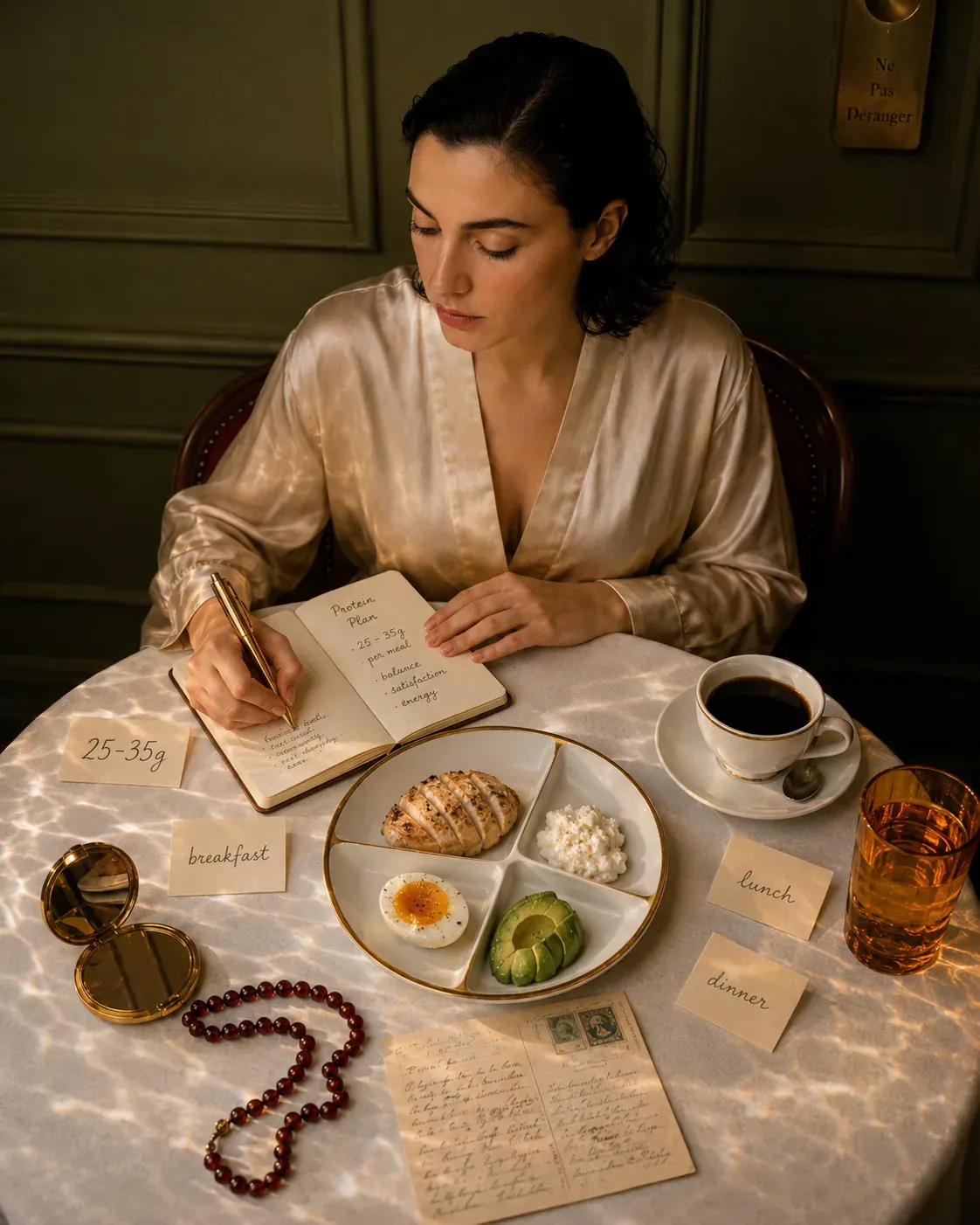 Woman writing a protein plan beside a plate with chicken, cottage cheese, egg, avocado, coffee, and notes showing 25 to 35 grams of protein per meal
