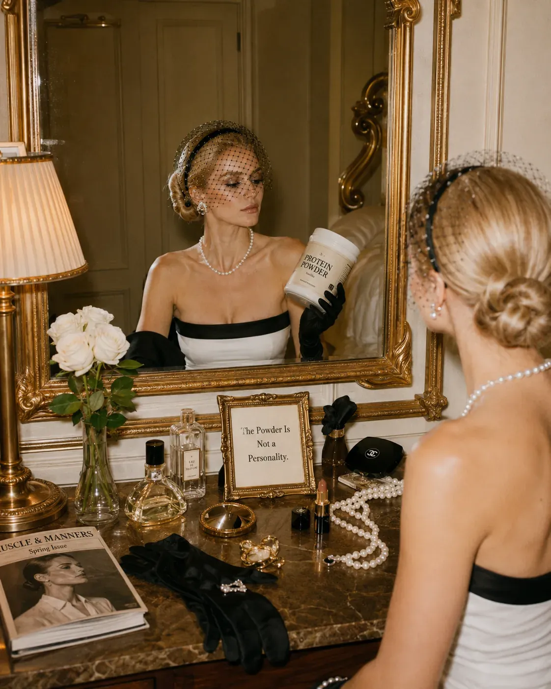 Woman holding protein powder in a vanity mirror beside a framed sign reading the powder is not a personality | Becoming Elysian protein powder guidance