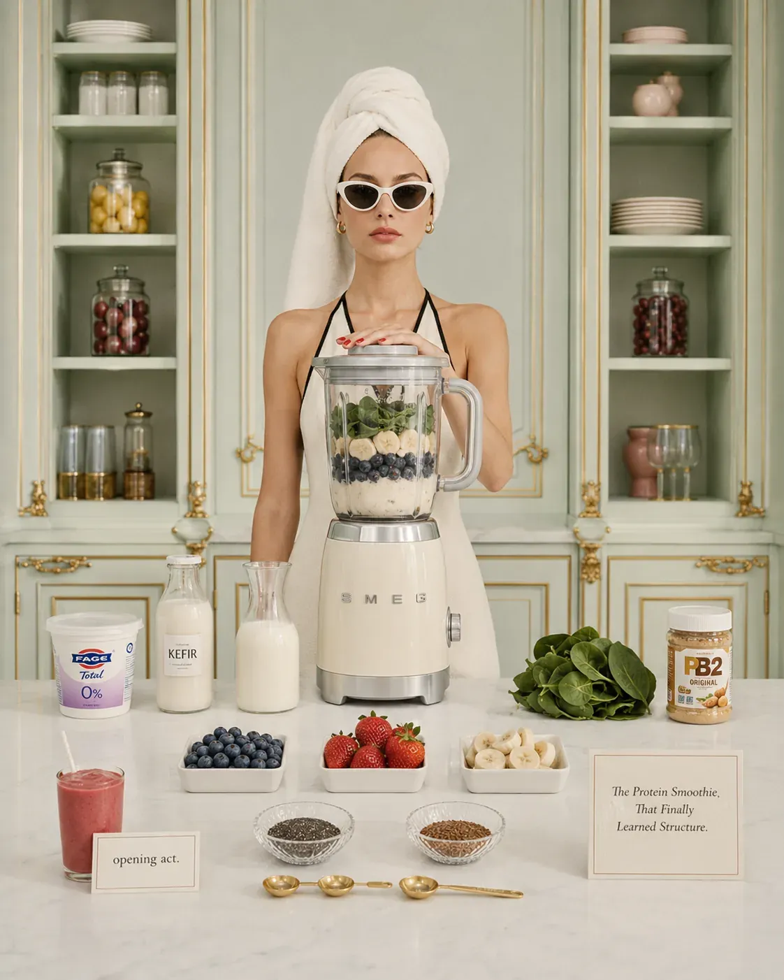 Elegant protein smoothie station with Greek yogurt, berries, banana, chia seeds, milk, spinach, and labeled ingredients | Becoming Elysian quiet luxury wellness