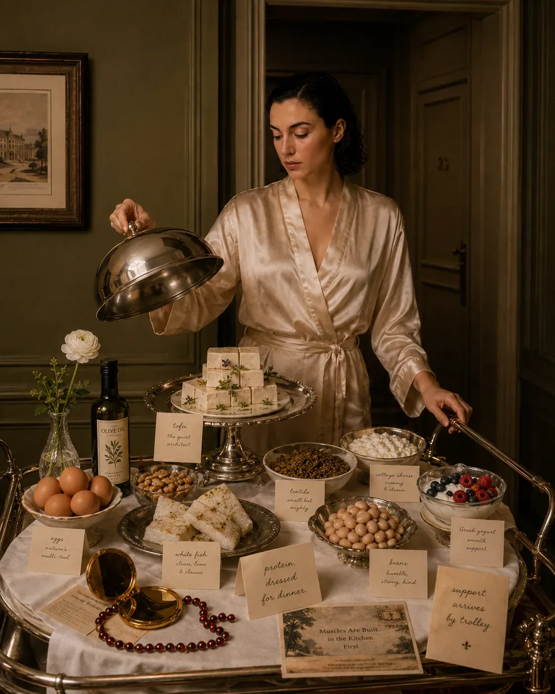 Elegant protein source trolley with eggs, tofu, white fish, lentils, beans, cottage cheese, Greek yogurt, berries, olive oil, and handwritten labels