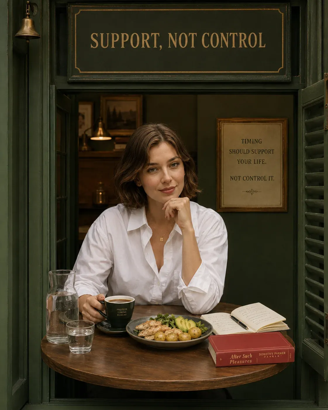 Woman at cafe table with nourishing meal and sign reading support not control, calm feminine nutrition scene | Becoming Elysian