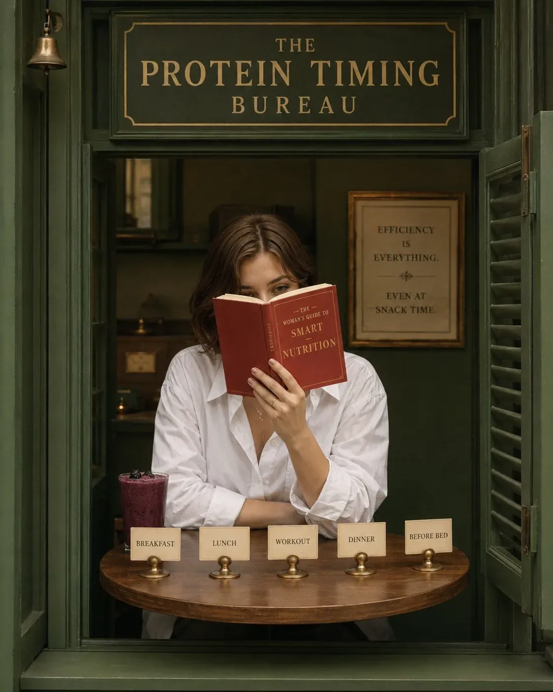 Editorial protein timing bureau scene with woman reading at a table, labeled meal rhythm cards and warm quiet luxury wellness mood | Becoming Elysian