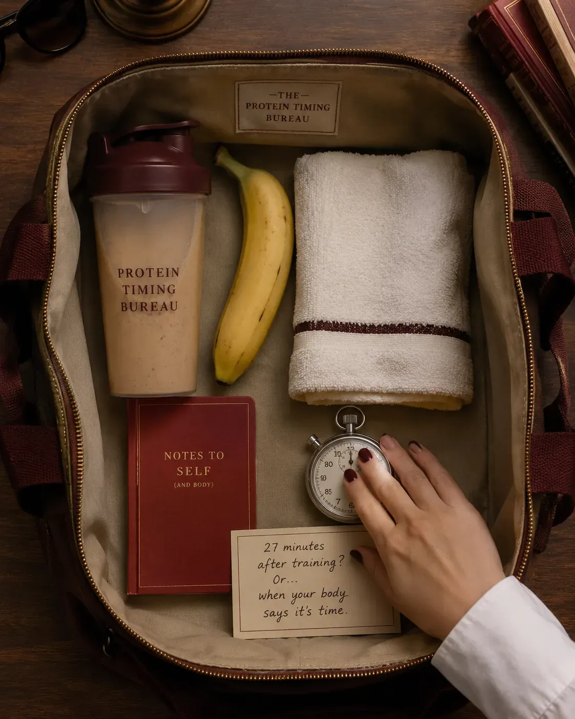 Open travel case with banana, towel, protein timing manual and handwritten note for calm nutrition planning | Becoming Elysian