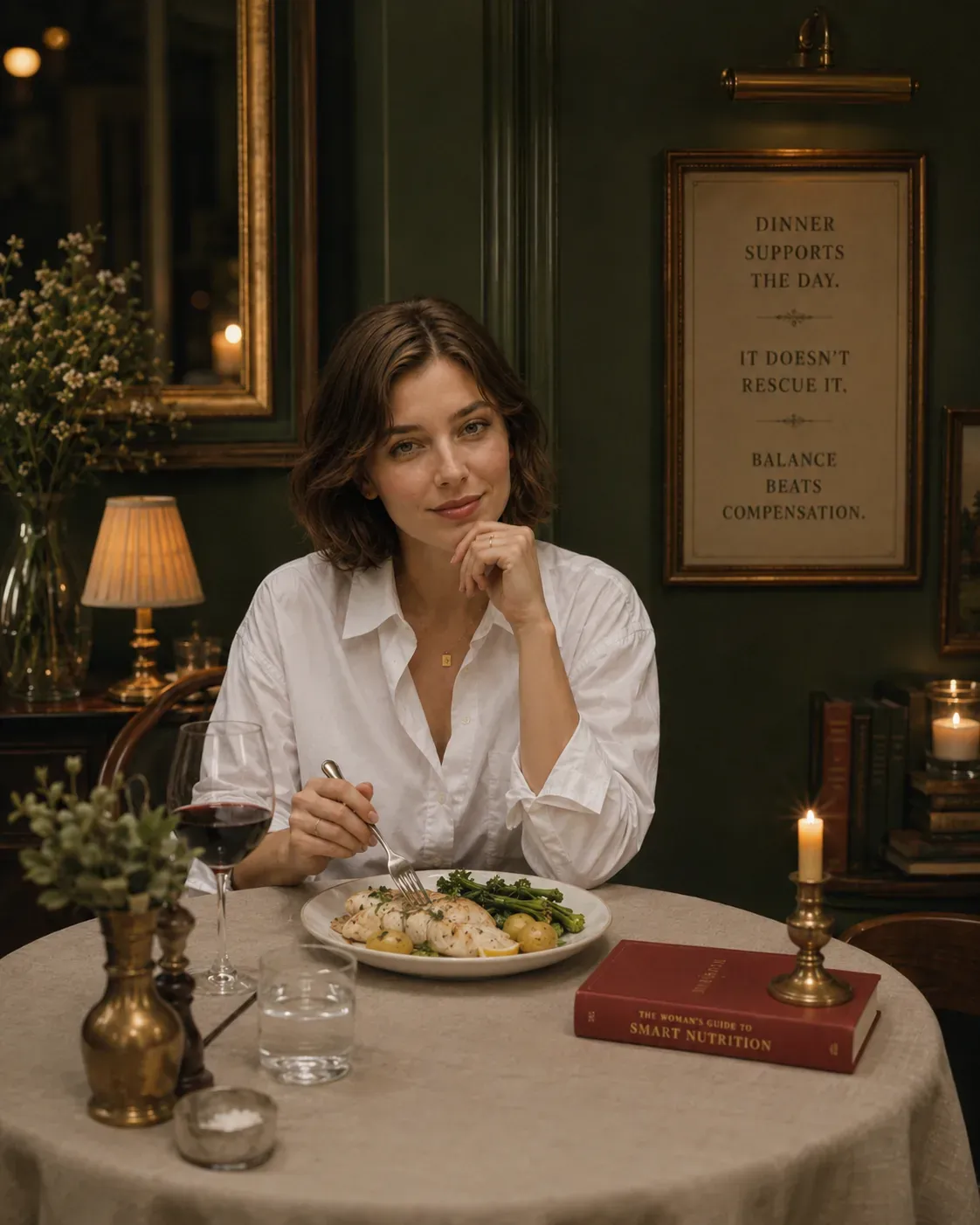 Intimate candlelit dinner table with woman eating a simple protein-rich meal and a note about nourishment without perfection | Becoming Elysian