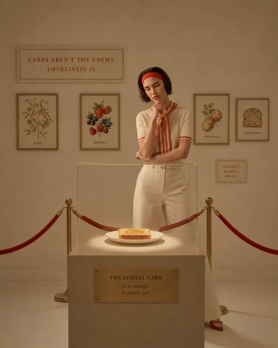 Museum-style display of a single pastry labeled like a breakfast exhibit, representing refined carbohydrate breakfasts that may spike blood sugar | Becoming Elysian nutrition education