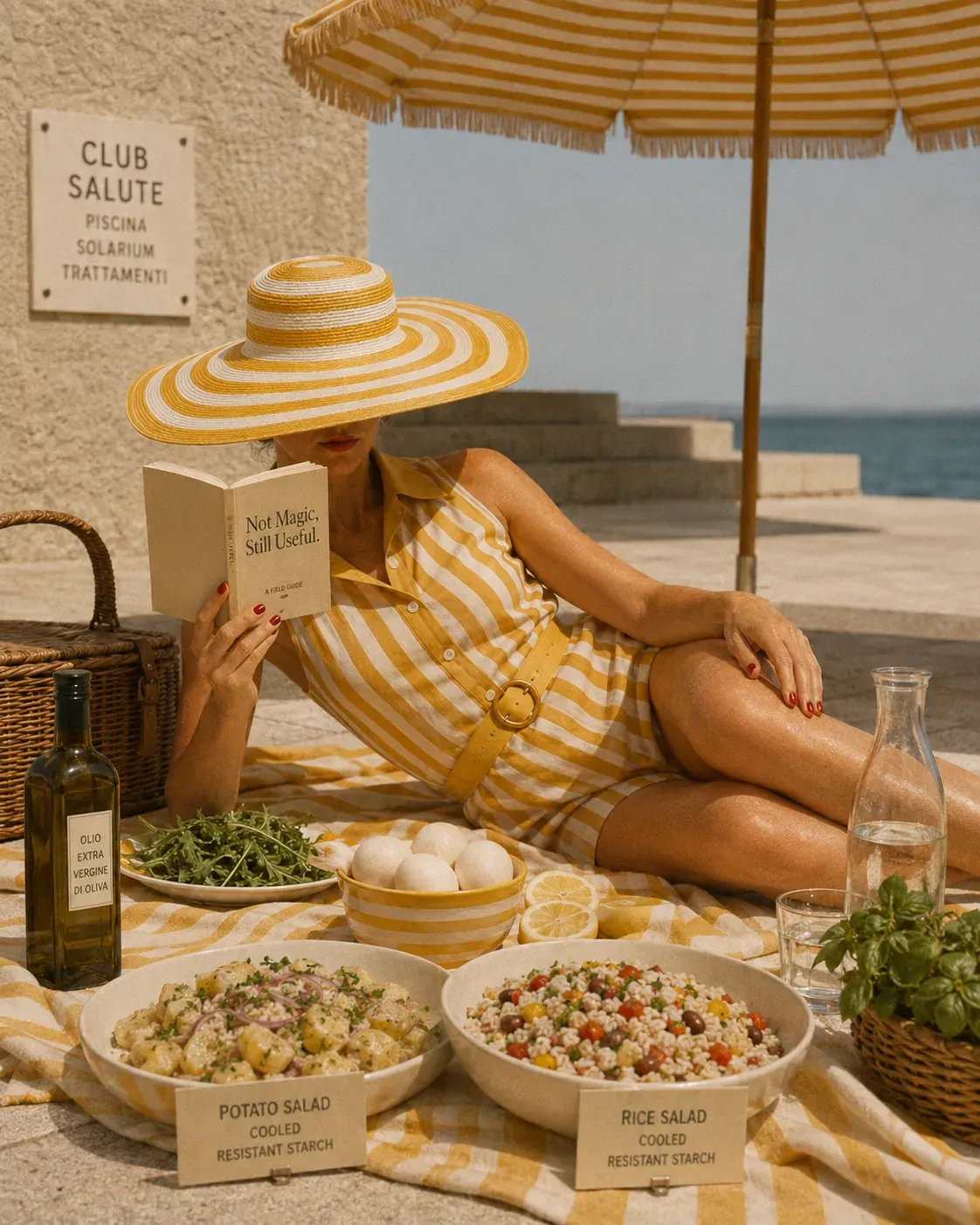 Woman reading beside cooled potato salad and rice salad with olive oil and herbs, representing resistant starch in a Mediterranean meal