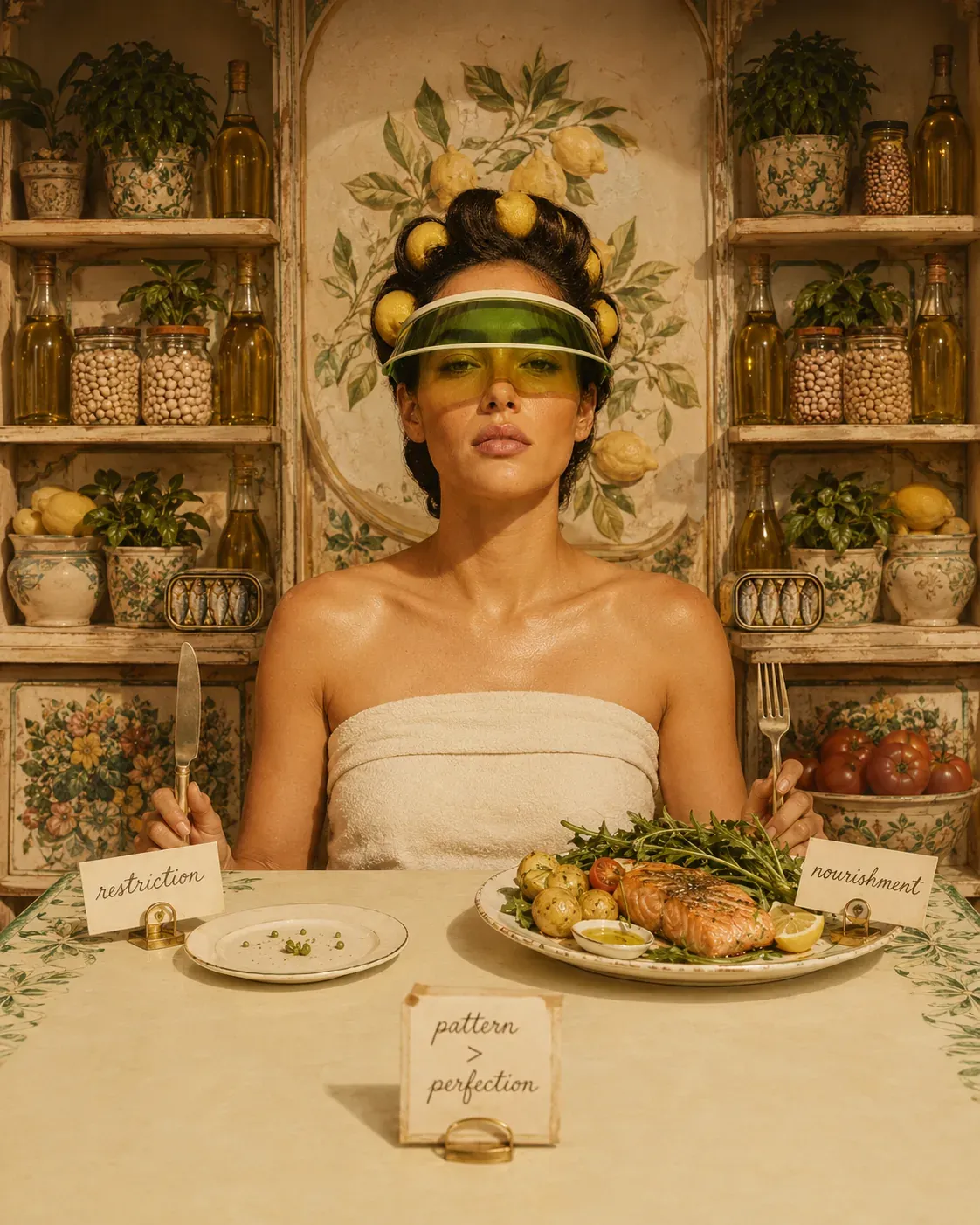 Woman choosing nourishment over restriction at a Mediterranean table with salmon, potatoes, greens, olive oil, and an empty plate