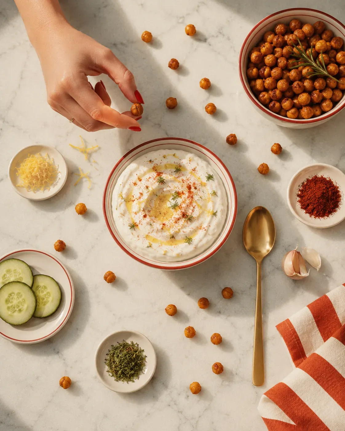 Roasted chickpeas with creamy Greek yogurt dip, cucumber slices, herbs, garlic, lemon, and spices arranged overhead | Becoming Elysian quiet luxury wellness