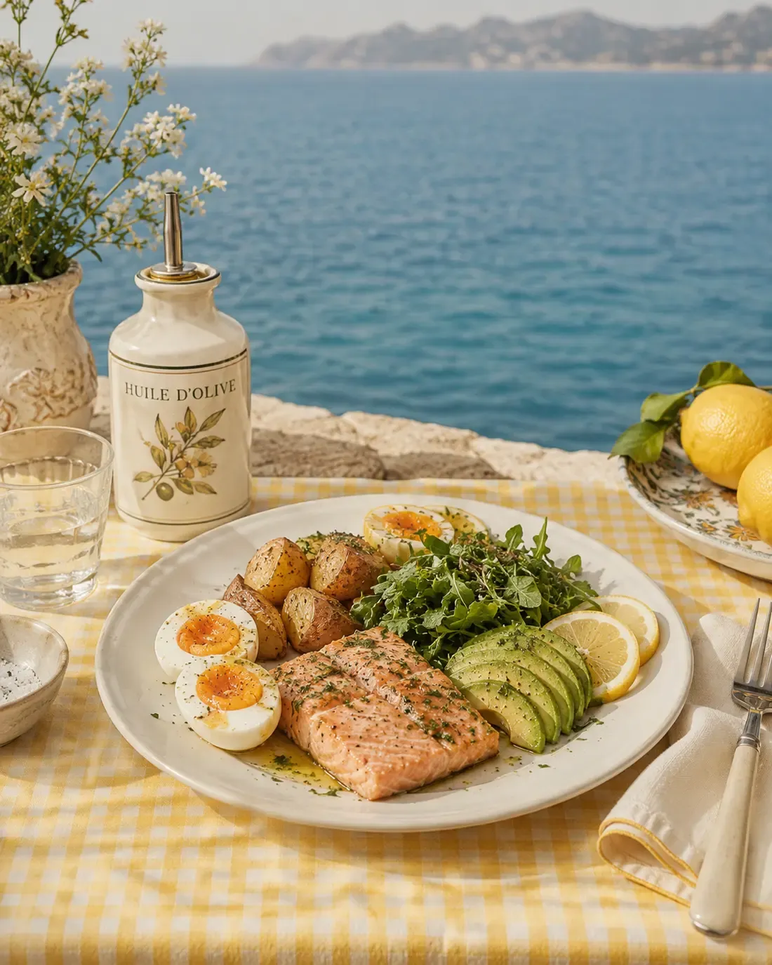 A beautifully plated high-protein meal of grilled salmon fillet with roasted baby potatoes, soft-boiled eggs, sliced avocado, fresh arugula salad, lemon wedges, and herbs on a white plate over yellow gingham, with a ceramic olive oil bottle and sea view in the background | Becoming Elysian quiet luxury wellness