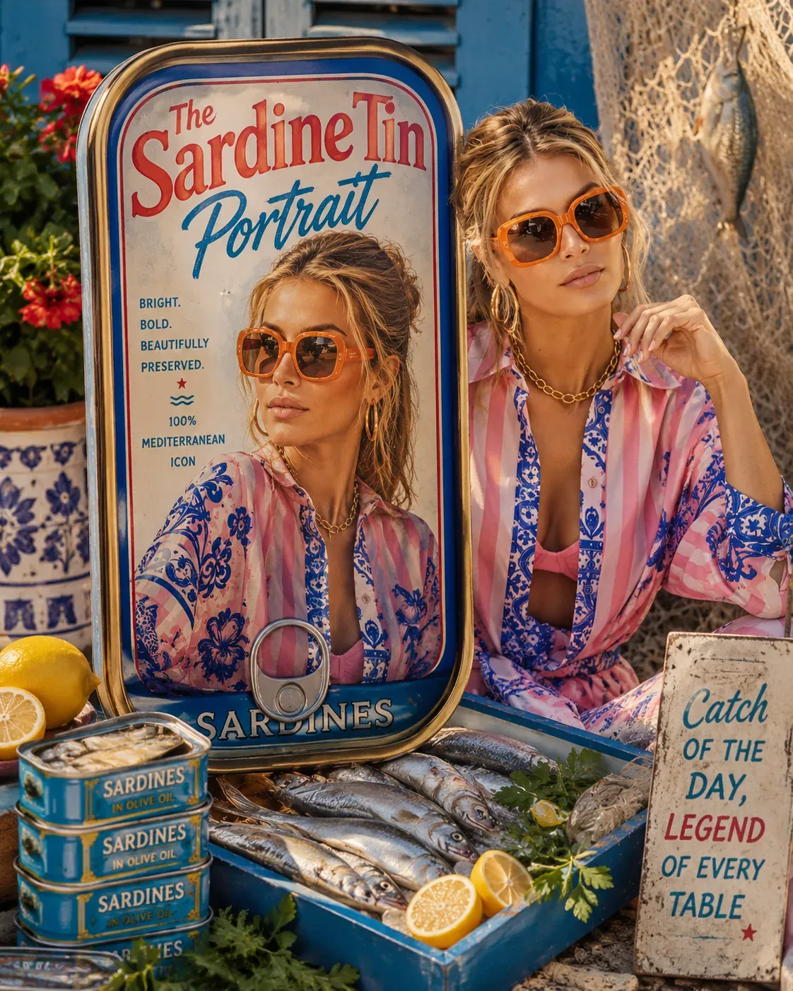 Woman beside a sardine tin portrait display with fresh sardines, lemons, and tins of sardines in olive oil | Becoming Elysian omega 3 Mediterranean diet