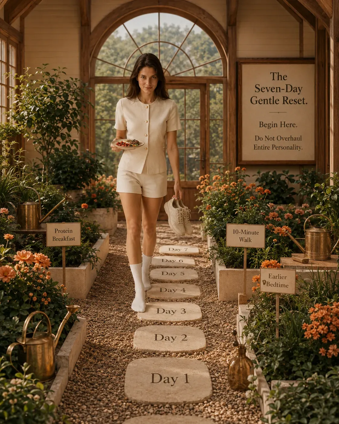 Woman in a garden path with small signs for a seven-day gentle start: protein breakfast, short walk, and earlier bedtime | Becoming Elysian