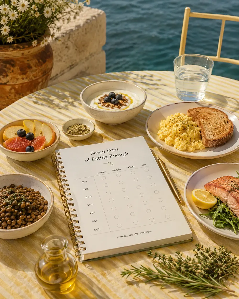 A sunlit table scene featuring an open spiral-bound journal titled Seven Days of Eating Enough with a simple weekly tracker for nourish, energize, delight, and rest, surrounded by nourishing breakfast and lunch plates including yogurt with berries and granola, scrambled eggs with toast, salmon with greens and lemon, a bowl of lentils, fresh fruit, olive oil, and herbs | Becoming Elysian quiet luxury wellness