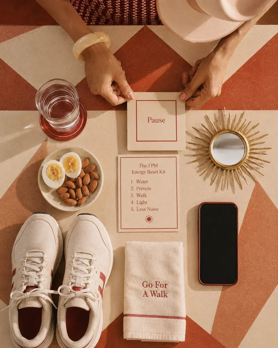 Flat-lay reset card with water, coffee, shoes, and simple afternoon energy steps | Becoming Elysian