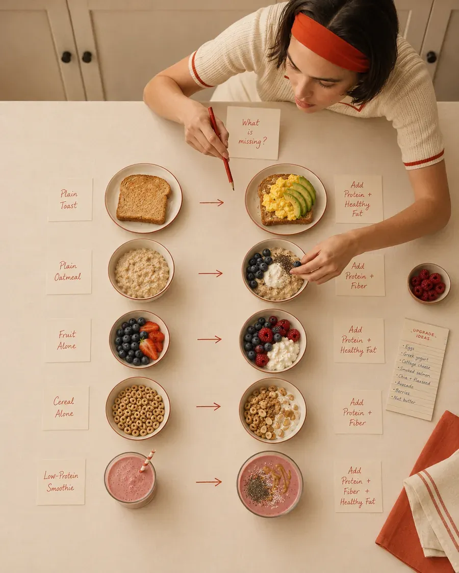 Overhead breakfast upgrade map with oats, eggs, avocado, berries, beans, and notes showing simple additions for steady energy | Becoming Elysian breakfast upgrade