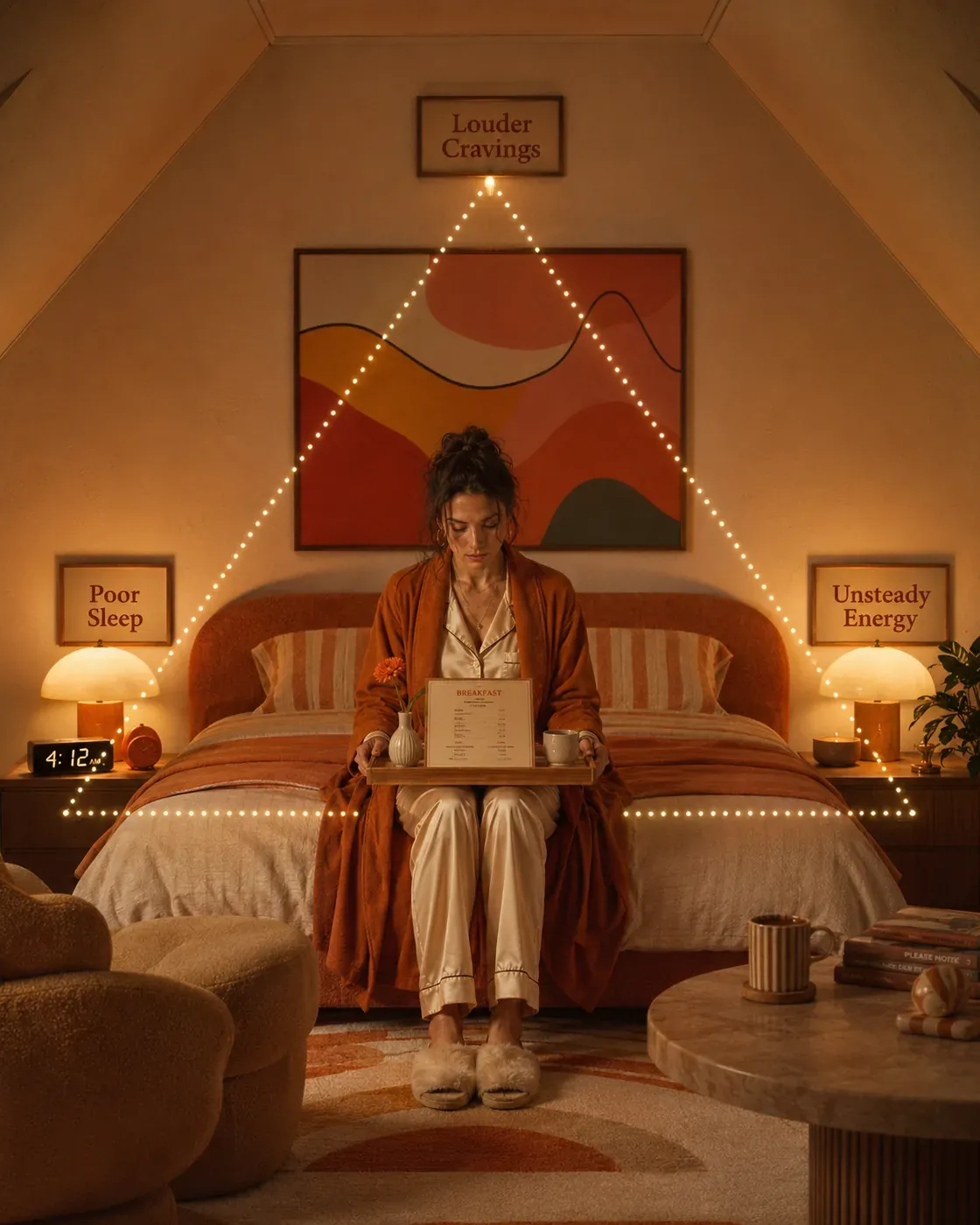 Woman sitting on a bed in warm muted light, representing the connection between poor sleep, blood sugar, and cravings