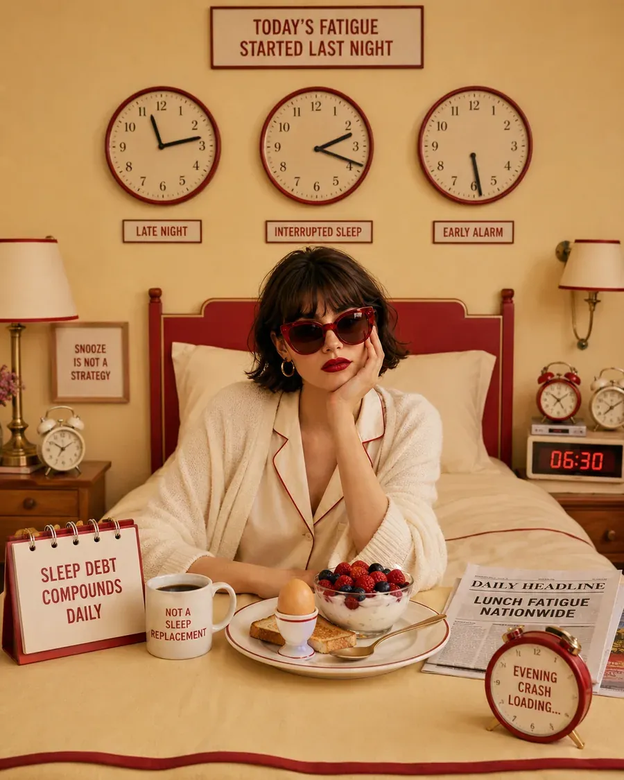 Woman in bed beside breakfast and clocks showing sleep, recovery, and post-meal tiredness | Becoming Elysian quiet luxury wellness
