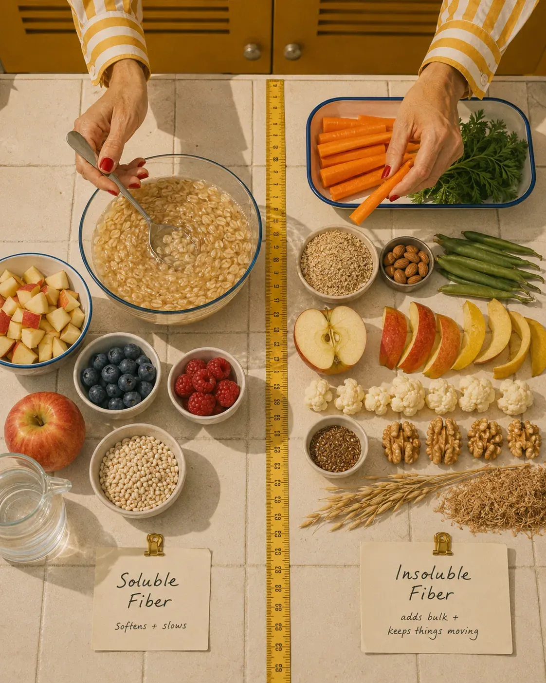 Overhead comparison of soluble fiber and insoluble fiber foods including oats, berries, apples, carrots, green beans, nuts, seeds, and whole grains