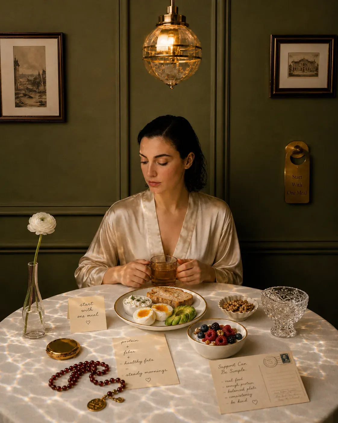 Woman holding tea at a breakfast table with eggs, avocado, berries, chickpeas, and notes encouraging starting with one supportive meal