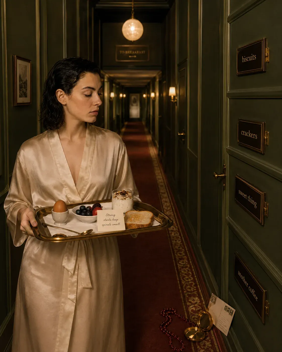 Woman carrying a balanced breakfast tray through a hotel hallway, with doors labelled biscuits, crackers, sweet thing, and another coffee