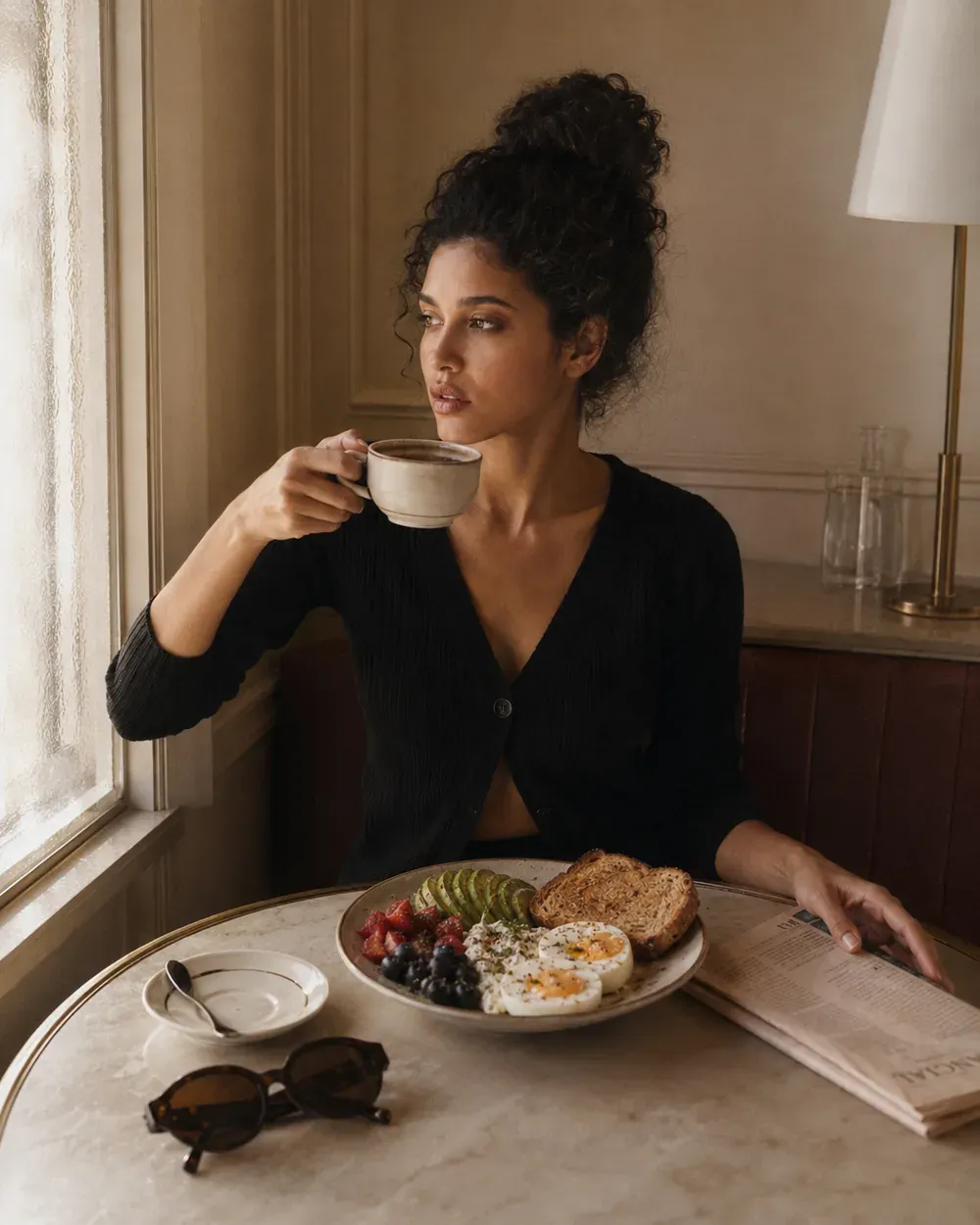 Woman by a bright window with coffee and a balanced breakfast plate of eggs, avocado, berries, cottage cheese, and toast