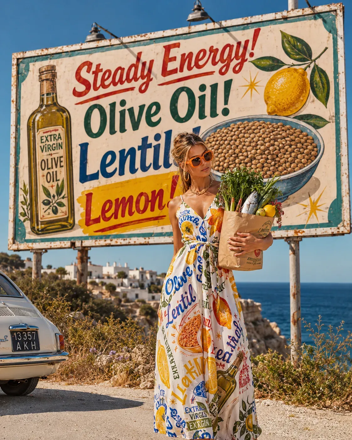 Woman holding a grocery bag in front of a vintage Mediterranean billboard with olive oil, lentils, and lemon for steady energy | Becoming Elysian energy after 40