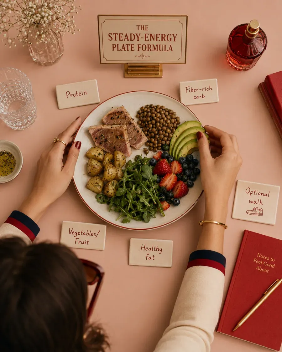 Overhead steady-energy plate with protein, fiber-rich carbohydrates, vegetables, healthy fats, and labelled wellness notes | Becoming Elysian quiet luxury wellness