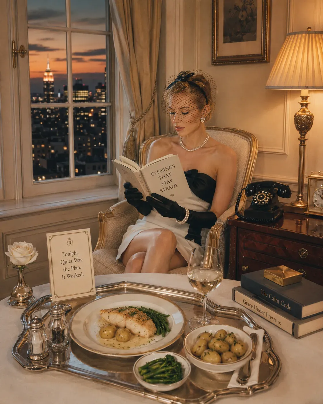 Woman reading beside a balanced fish dinner at dusk with signs about quiet and steady evenings | Becoming Elysian protein for calmer evenings