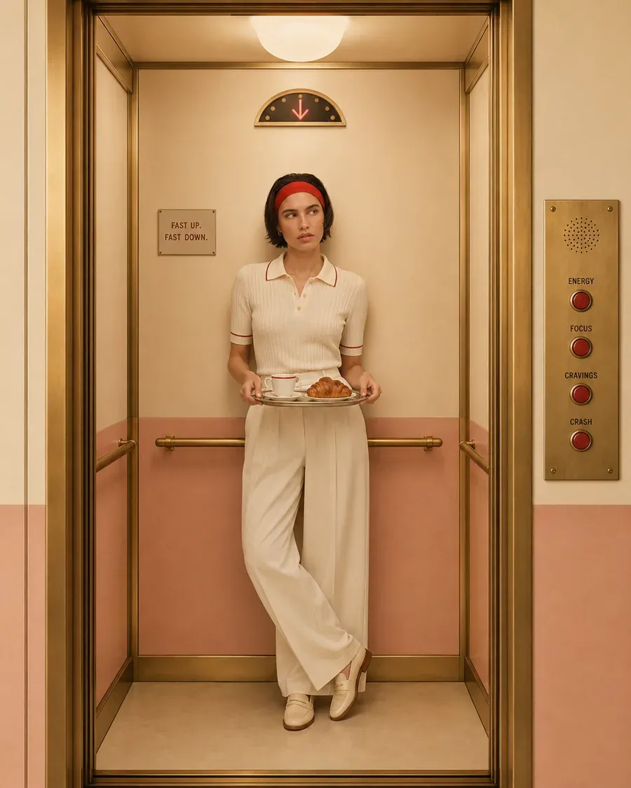 Woman standing in a softly lit vintage elevator holding breakfast, symbolizing the morning energy shift after eating | Becoming Elysian steady energy