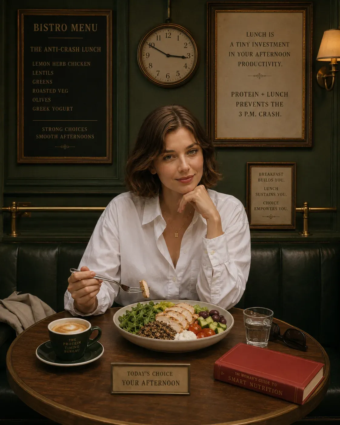 Woman eating a protein-rich meal with menu board and reminders for a steady supportive eating rhythm | Becoming Elysian