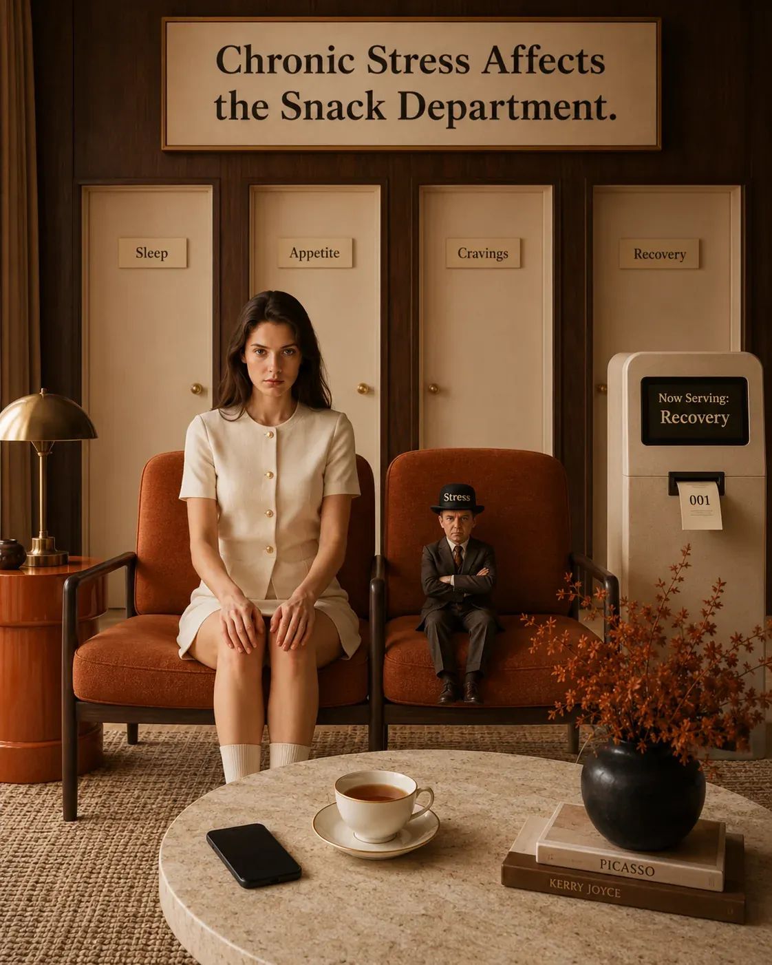 Quietly cinematic waiting room showing how chronic stress can affect appetite, cravings, blood sugar, and recovery | Becoming Elysian stress and metabolism
