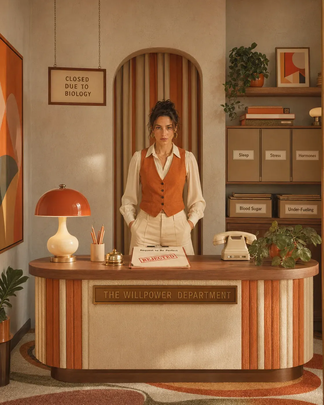 Woman at a small wellness reception counter with soft orange light, symbolizing a gentle check-in with the body instead of self-blame