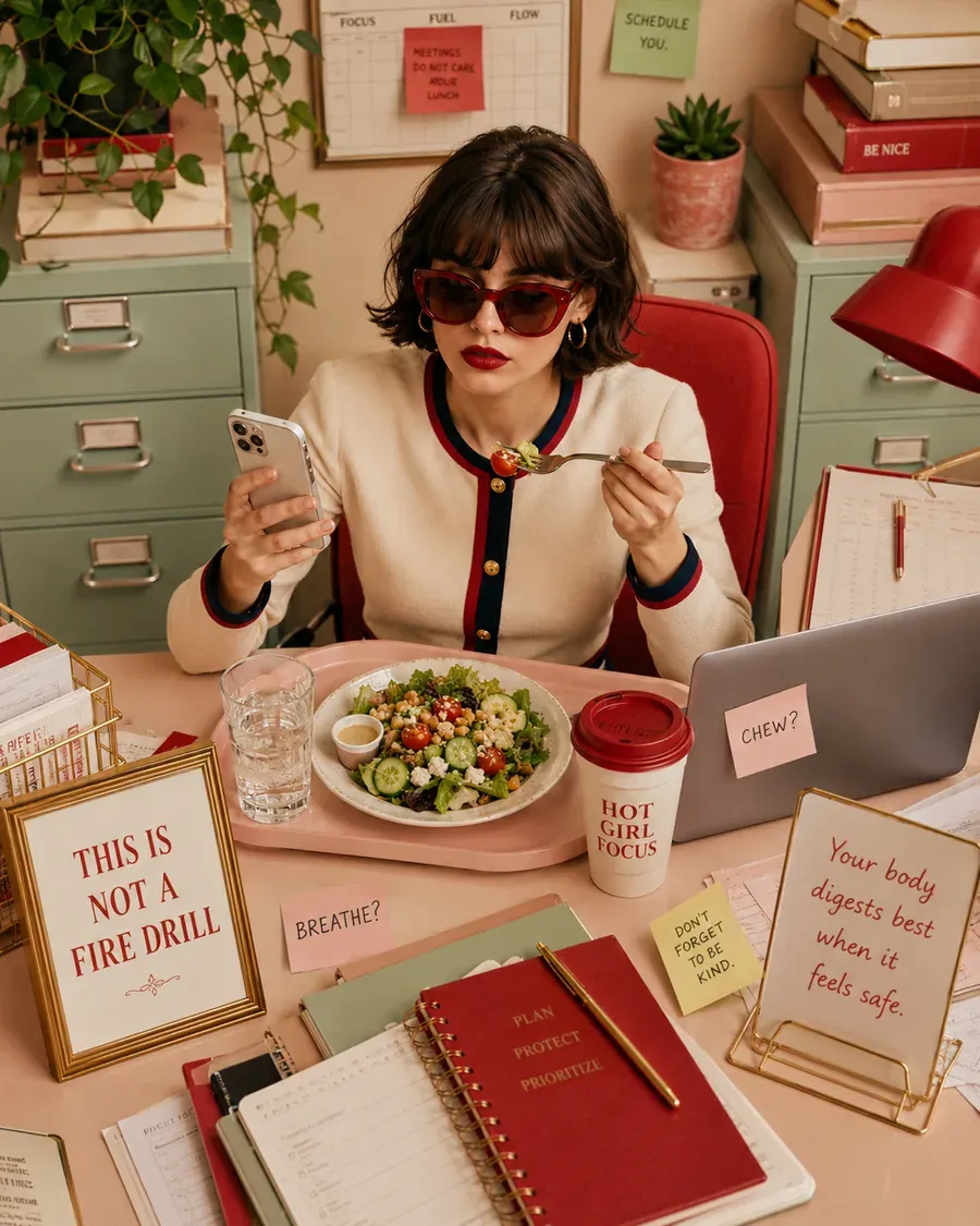 Woman eating at her desk surrounded by reminders about rushing, stress, and slower meals | Becoming Elysian quiet luxury wellness