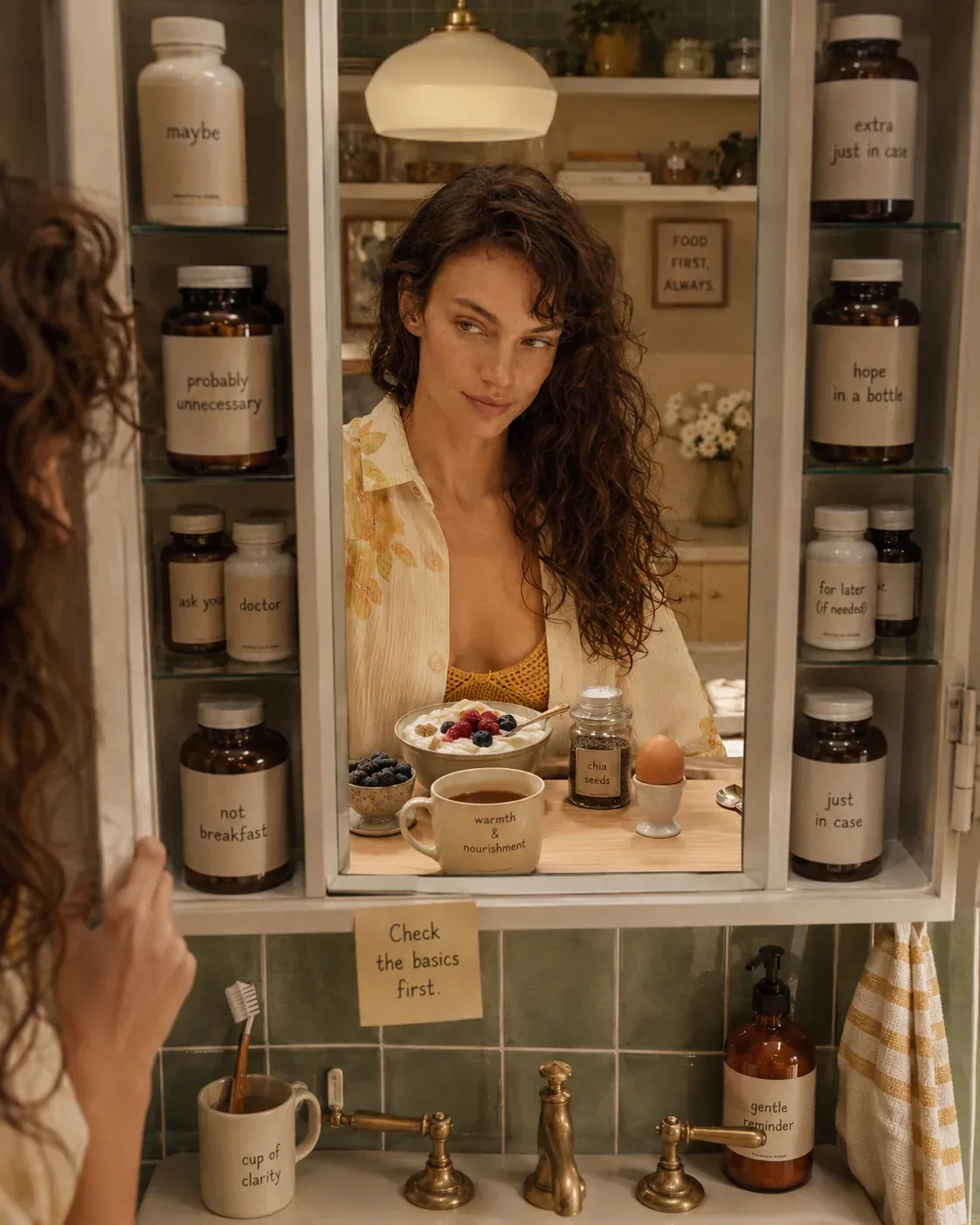 Woman looking into a bathroom cabinet of supplement bottles with a note to check the basics first | Becoming Elysian food first supplement guidance