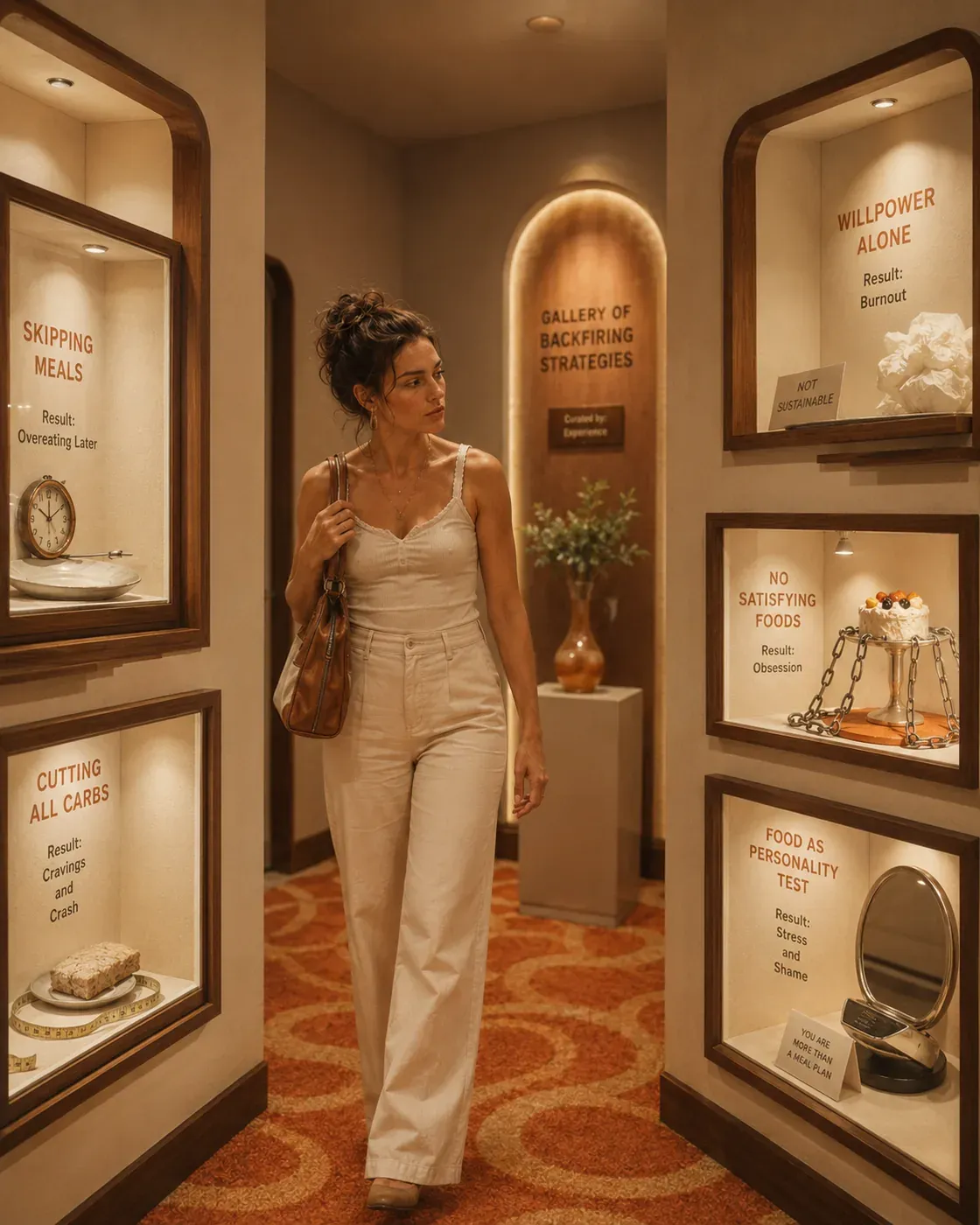 Woman in a gallery-like hallway of wellness notes, symbolizing knowing when cravings need more support