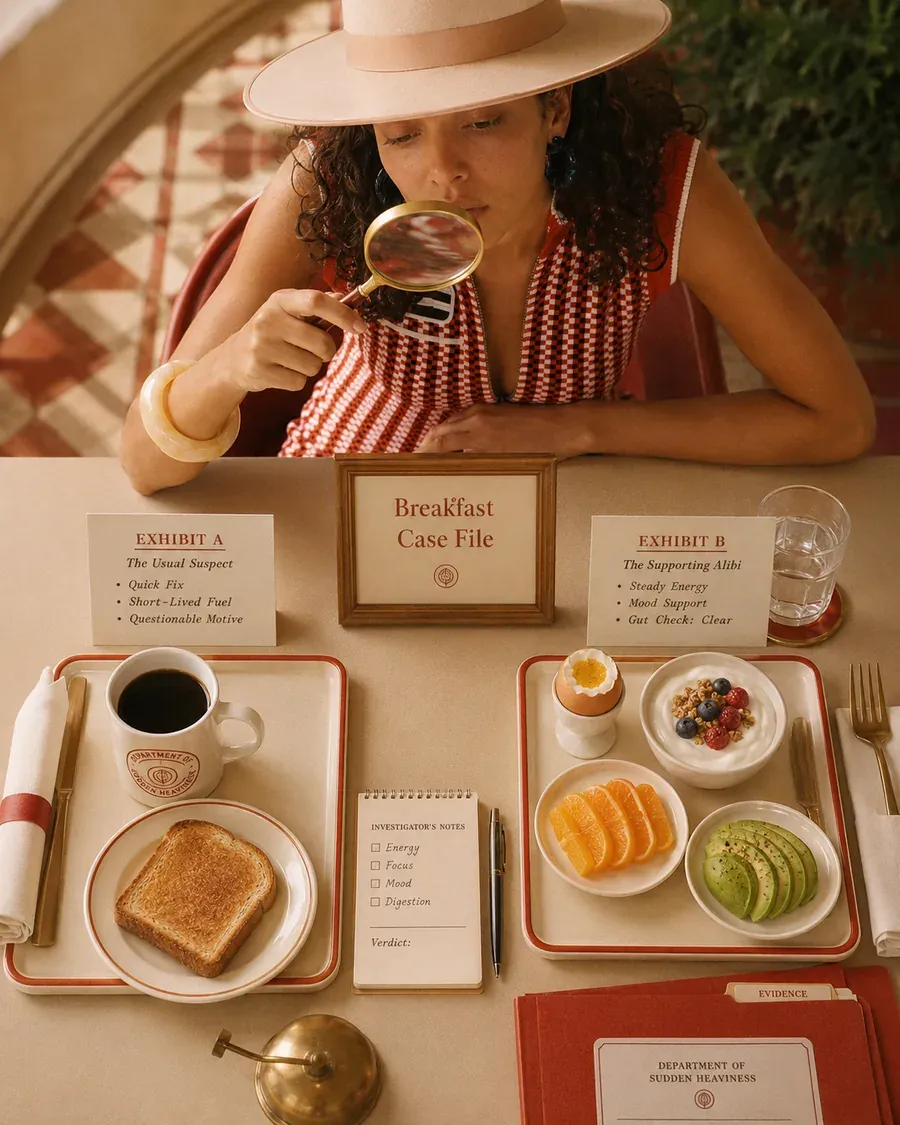 Balanced breakfast tray with coffee, citrus, avocado, and toast in a nostalgic cafe setting for steady energy | Becoming Elysian