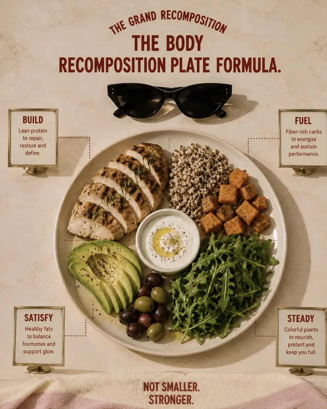 An elegant overhead view of "The Body Recomposition Plate Formula" — a beautifully arranged plate with sliced grilled chicken, quinoa, avocado, olives, arugula, and a small bowl of yogurt. Black sunglasses and brass signage labeled BUILD, FUEL, SATISFY, and STEADY frame the nourishing composition in warm natural light | Becoming Elysian body recomposition meal ideas for women