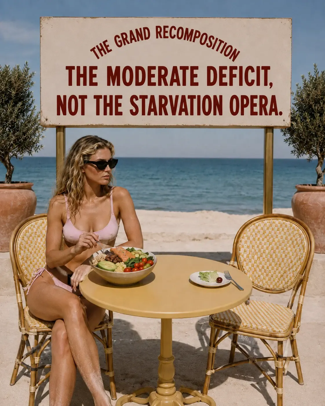 A woman in a pink bikini sits at a sun-drenched beachside table overlooking the sea, enjoying a vibrant bowl of salad and salmon. A weathered sign reads "THE MODERATE DEFICIT, NOT THE STARVATION OPERA" above her, with elegant terracotta pots framing the serene Mediterranean scene | Becoming Elysian body recomposition nutrition
