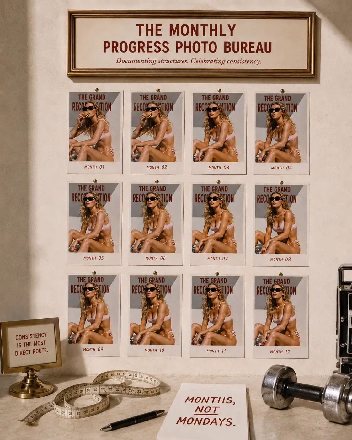 A gallery wall titled "THE MONTHLY PROGRESS PHOTO BUREAU" displays twelve framed progress photos of a woman in pink activewear, month by month, documenting her recomposition journey. A vintage camera, measuring tape, and a note reading "MONTHS, NOT MONDAYS" rest below, celebrating consistency over perfection | Becoming Elysian progress photos body recomposition women over 35