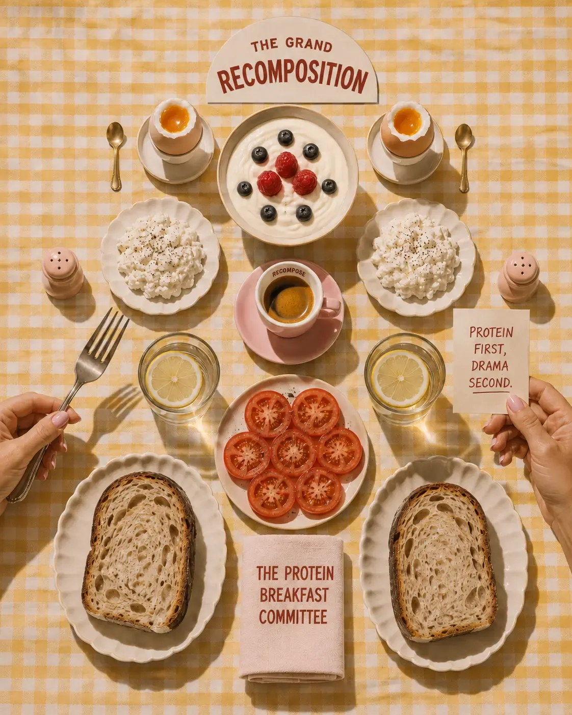 A serene breakfast table scene on a yellow gingham cloth featuring soft-boiled eggs, Greek yogurt with berries, cottage cheese, sourdough toast, and a handwritten note "PROTEIN FIRST, DRAMA SECOND" held by elegant hands. The setting evokes the calm, nourishing spirit of the Becoming Elysian "Protein Breakfast Committee" | Becoming Elysian high protein breakfast for body recomposition