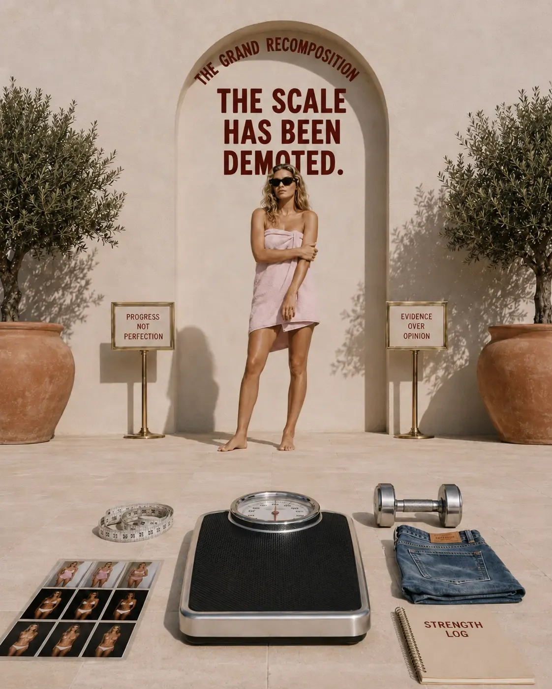 A confident woman wrapped in a soft pink towel stands gracefully beside a vintage scale in a sunlit Mediterranean courtyard, with the powerful message "THE SCALE HAS BEEN DEMOTED" arched above her. Surrounded by terracotta pots, olive trees, and elegant signage reading "PROGRESS NOT PERFECTION" and "EVIDENCE OVER OPINION," she embodies quiet strength and self-trust | Becoming Elysian body recomposition for women