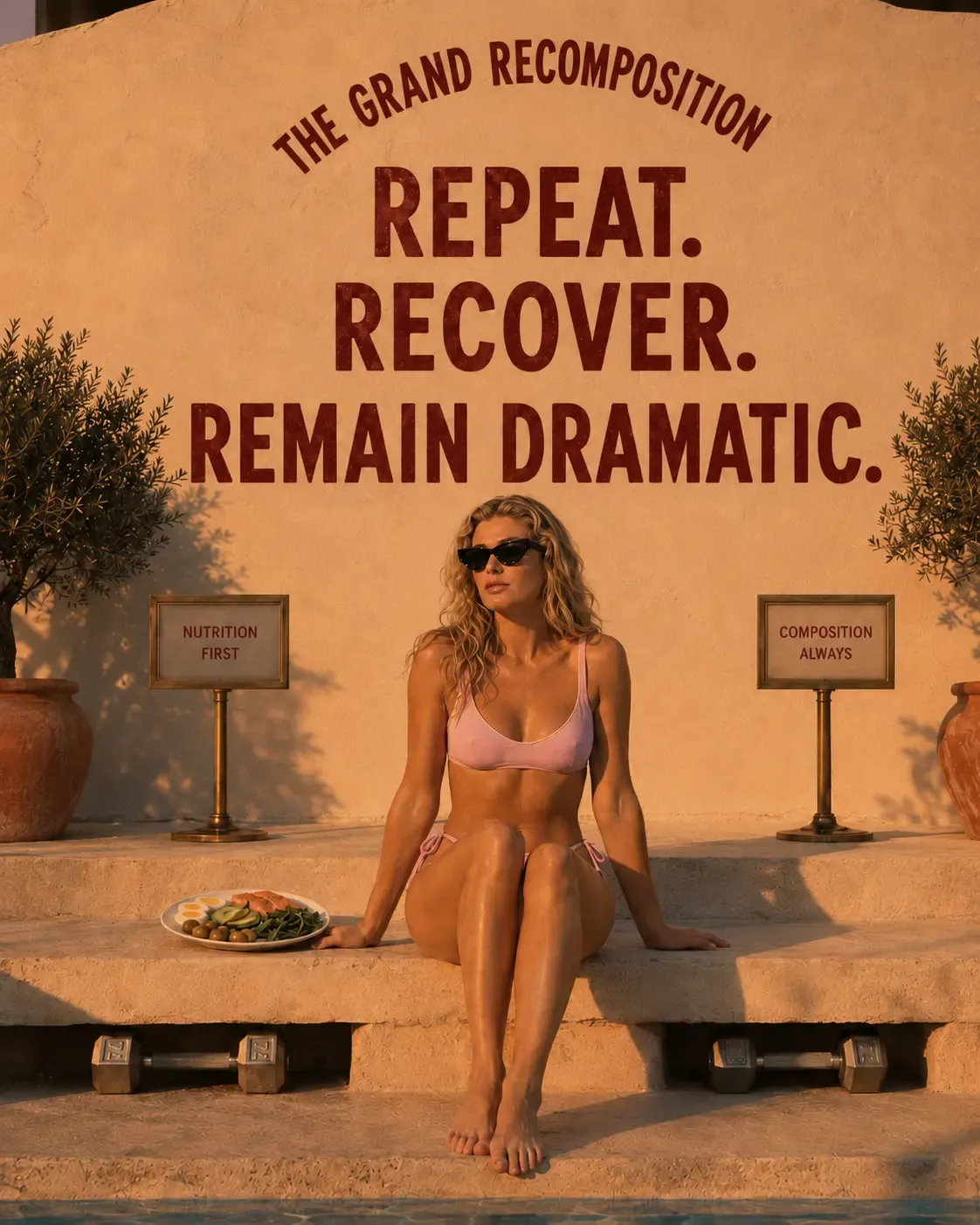 At golden hour, a radiant woman in a soft pink bikini sits poolside with wet hair and sun-kissed skin, a plate of nourishing food beside her. Behind her, bold text declares "REPEAT. RECOVER. REMAIN DRAMATIC." in a warm, empowering Mediterranean setting that celebrates strength, consistency, and self-honoring rituals | Becoming Elysian the stronger woman at the seaside body recomposition journey