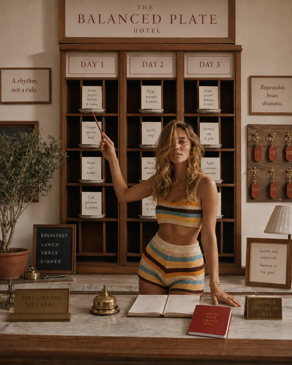 Woman at a hotel-style meal board showing a simple three-day balanced plate rhythm for breakfast, lunch, snack, and dinner | Becoming Elysian