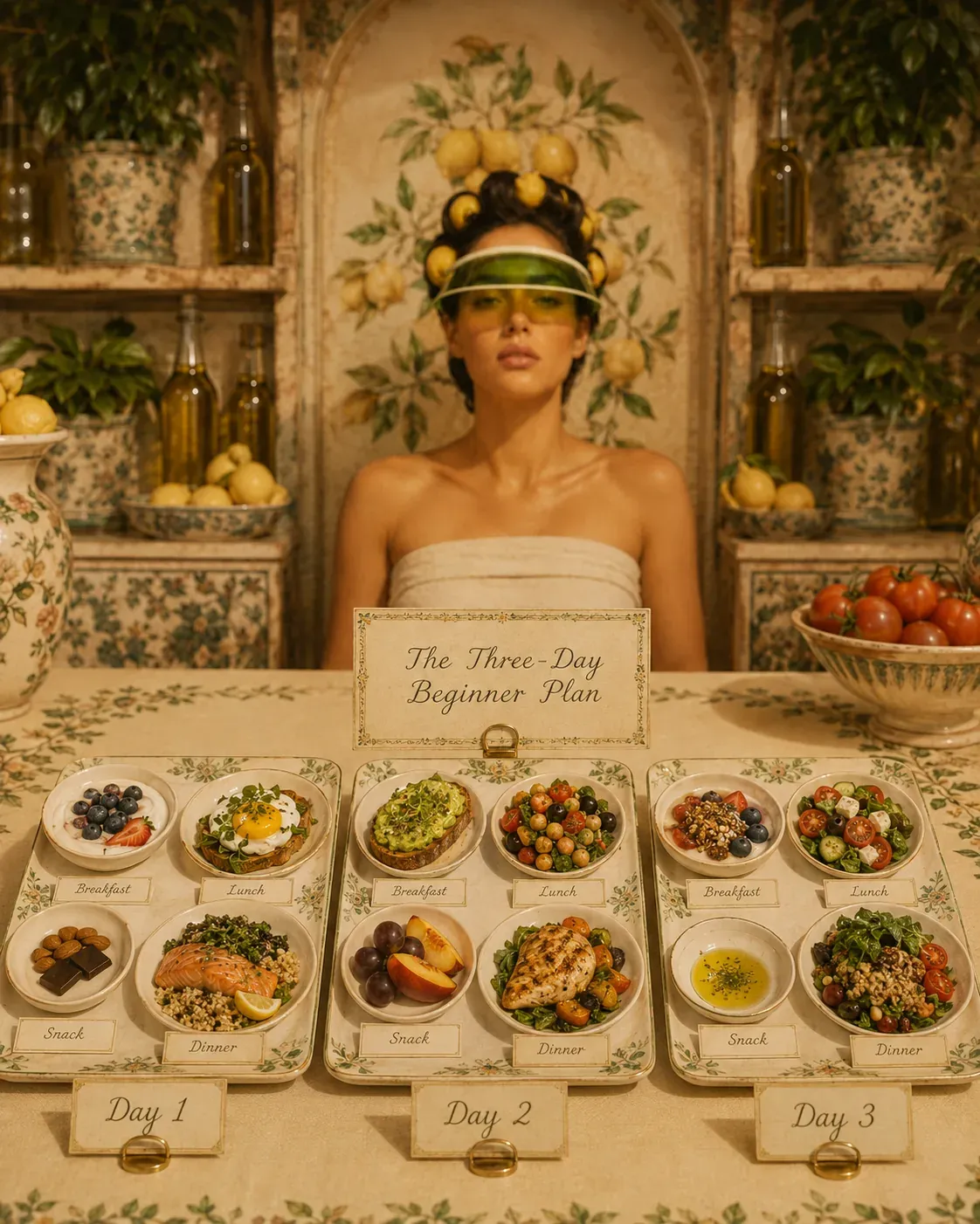 Three-day beginner anti-inflammatory meal plan arranged on trays with breakfast, lunch, snack, and dinner in a Mediterranean kitchen