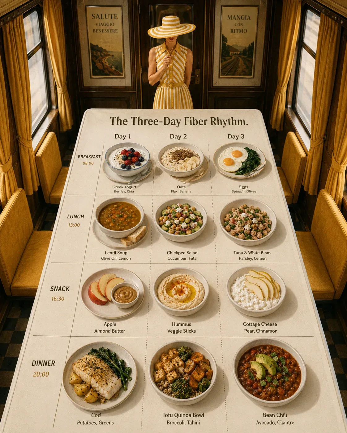 Three-day high-fiber meal rhythm displayed on a train table with breakfast, lunch, snack, and dinner ideas for each day