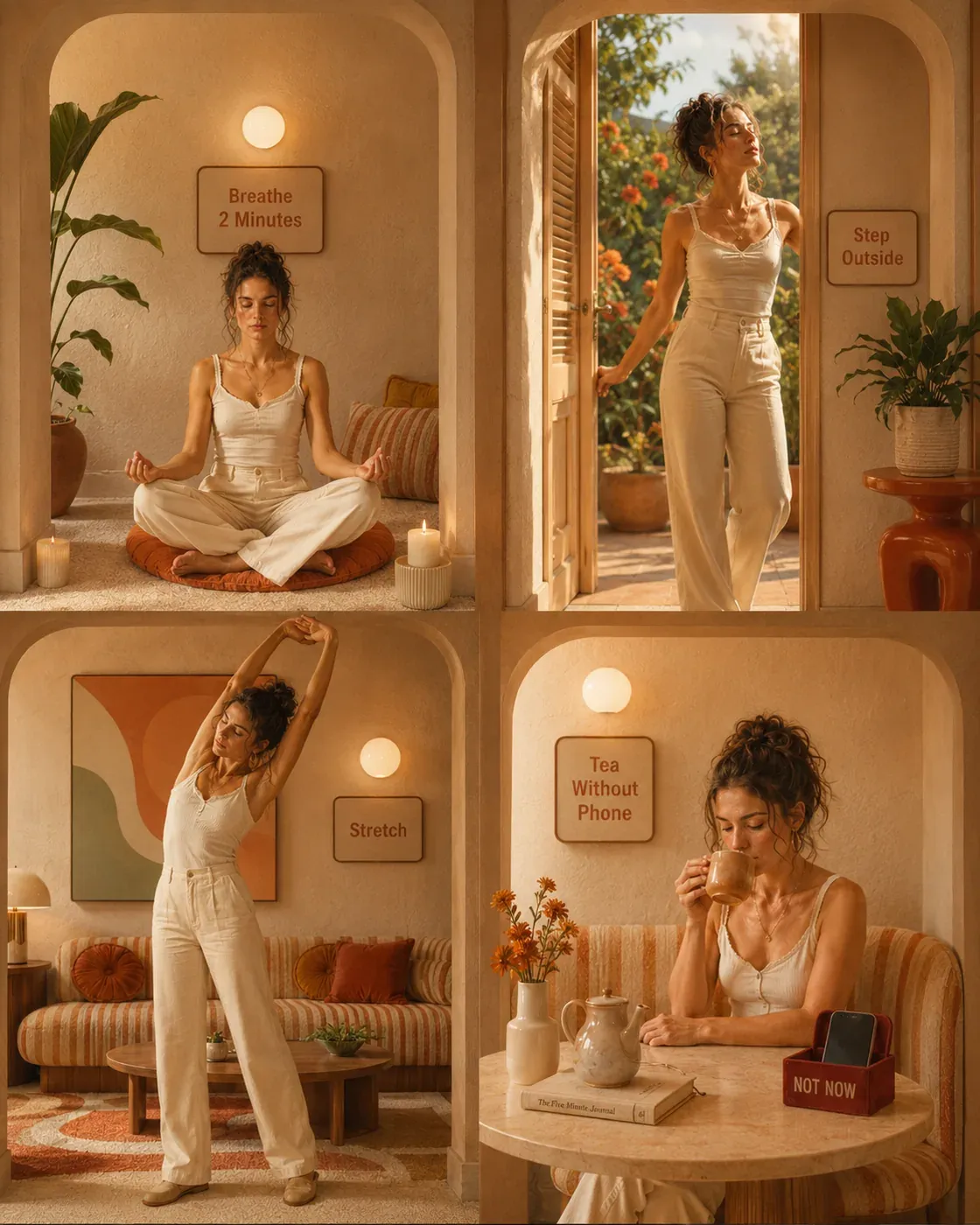 Woman in a quiet home ritual scene with tea, stretching, and sunlight, representing tiny stress pauses through the day