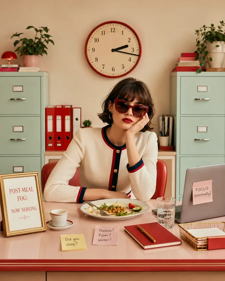 Woman in a cream outfit sitting at a tidy desk with a small meal, clock, and signs about feeling tired after eating | Becoming Elysian quiet luxury wellness
