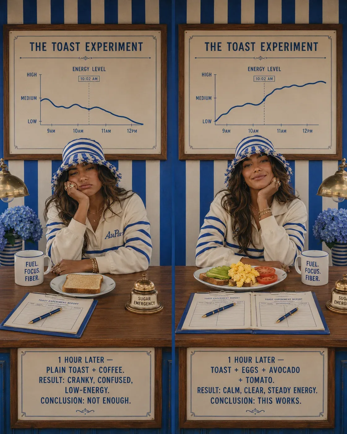 Two-panel toast experiment showing toast alone compared with toast paired with eggs and avocado for steadier energy | Becoming Elysian blood sugar friendly meals