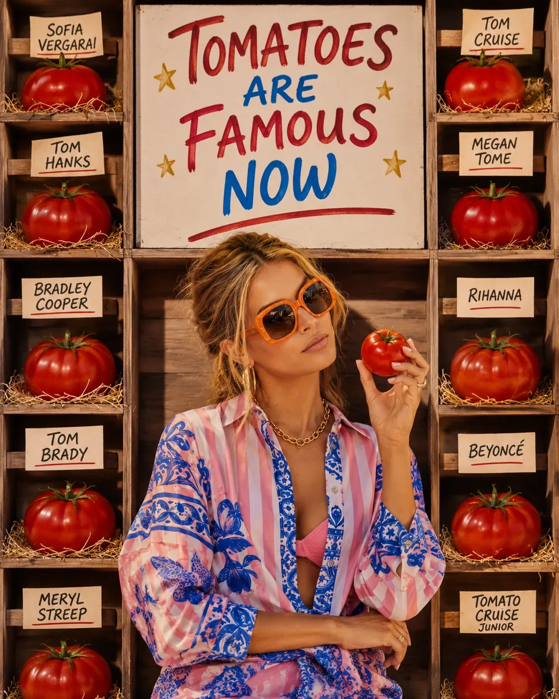 Woman holding a tomato beside hand-painted signs that celebrate tomatoes as part of Mediterranean eating | Becoming Elysian Mediterranean diet foods